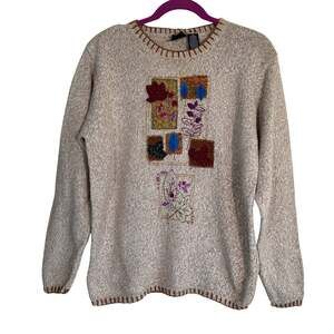 Erika Sz M Vintage 90s Grannycore Fall Themed Marled Sweater w Blanket Stitching